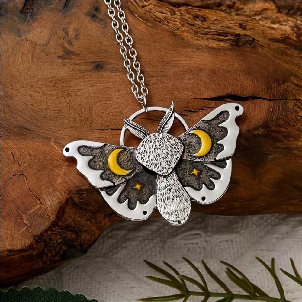 Moth crescent moon silver necklace